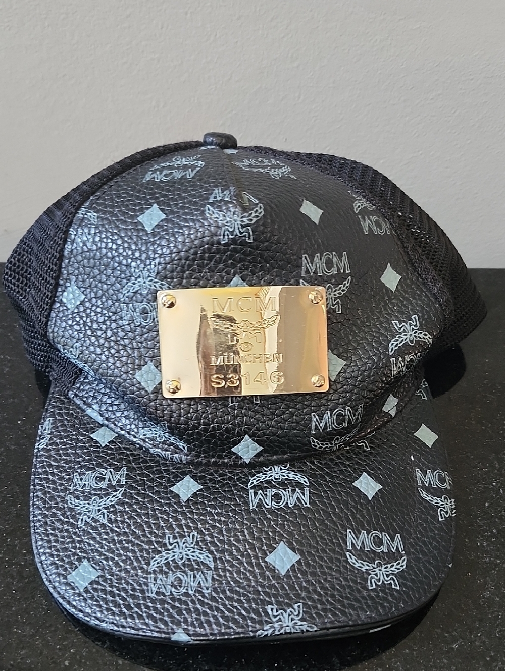 MCM Black Visetos Monogram Geometric Trucker Hat Adjustable